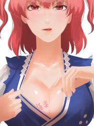 Rule 34 | 1girl, amino (tn7135), bad id, bad pixiv id, blush, body writing, breasts, cleavage, close-up, collarbone, female focus, large breasts, licking lips, lips, looking at viewer, onozuka komachi, red eyes, red hair, seductive smile, short hair, simple background, smile, solo, text focus, tongue, tongue out, touhou, translation request, two side up, upper body, white background