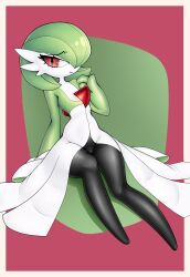 1girl arm_at_side black_pantyhose bob_cut border closed_mouth clothed_pokemon colored_skin creatures_(company) crotch_seam darkximor female_focus flat_chest full_body game_freak gardevoir gen_3_pokemon green_hair green_skin hair_over_one_eye half-closed_eyes hand_up legs looking_at_viewer multicolored_skin narrow_waist nintendo no_feet on_chair one_eye_covered outside_border pantyhose pokemon pokemon_(creature) raised_eyebrows red_background red_eyes short_hair sitting solo thighband_pantyhose thighs two-tone_skin wavy_mouth white_border white_skin wide_hips