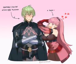 Rule 34 | 1boy, 1girl, armor, bare shoulders, black armor, black cape, blush, breasts, byleth (fire emblem), byleth (male) (fire emblem), cape, cleavage, commentary, commission, crossed arms, detached sleeves, dress, earrings, english commentary, english text, enlightened byleth (male), fire emblem, fire emblem: three houses, gauntlets, gloves, green eyes, grey hair, hetero, highres, hilda valentine goneril, jewelry, large breasts, long hair, looking at another, nintendo, pink background, pink dress, pink eyes, pink hair, pomme (lazzledazzle), red gloves, short hair, simple background, smile, sweatdrop, twintails, twitter username, very long hair