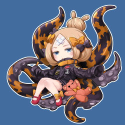 Rule 34 | 1girl, :o, abigail williams (fate), abigail williams (traveling outfit) (fate), black bow, black jacket, blonde hair, bloodink, blue background, blue eyes, bow, chibi, commentary request, crossed bandaids, fate/grand order, fate (series), hair bow, hair bun, head tilt, heroic spirit traveling outfit, highres, jacket, long hair, long sleeves, looking at viewer, mary janes, official alternate costume, orange bow, outline, parted bangs, parted lips, red footwear, shoes, single hair bun, sleeves past fingers, sleeves past wrists, solo, stuffed animal, stuffed toy, suction cups, teddy bear, tentacles, white outline