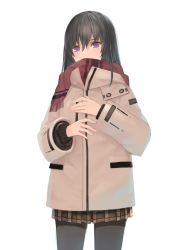 Rule 34 | 1girl, absurdres, aihara mei, black hair, black pantyhose, blush, citrus (saburouta), coat, covered mouth, cowboy shot, hair between eyes, highres, long hair, long sleeves, looking at viewer, npt shizuka, pantyhose, plaid, plaid skirt, pleated skirt, purple eyes, scarf, simple background, skirt, solo, standing, white background, winter clothes, winter coat
