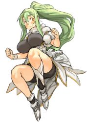 Rule 34 | 1girl, bike shorts, blush, breasts, female focus, full body, green hair, large breasts, long hair, original, perky breasts, ponytail, sachito, sidelocks, simple background, smile, solo, sumi-chan (sachito), very long hair, white background, yellow eyes