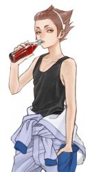 Rule 34 | 1boy, arm at side, asahina kouta, bare arms, bare shoulders, bottle, brown hair, collarbone, cowboy shot, danball senki wars, drink, drinking, glass bottle, hair slicked back, hairband, hand in pocket, hand up, holding, holding bottle, jumpsuit, jumpsuit around waist, looking at viewer, male focus, murasaki (fioletovyy), parted lips, short hair, simple background, sleeveless, solo, tank top, white background