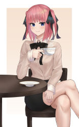 Rule 34 | 1girl, angdo (kakajo26), bare legs, beige shirt, black bow, black ribbon, black shorts, blue eyes, blunt bangs, blush, bow, butterfly hair ornament, chair, crossed legs, cup, elbow rest, go-toubun no hanayome, hair ornament, highres, long sleeves, looking at viewer, nail polish, nakano nino, pink hair, raised eyebrows, ribbon, shorts, simple background, sitting, smile, table, teacup, thick thighs, thighs, twintails