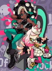 Rule 34 | + +, 2girls, alex ahad, black gloves, black hair, black shorts, boots, breasts, brown eyes, cephalopod eyes, cleavage, collared vest, crop top, crown, dark skin, dress, fingerless gloves, full body, gloves, green eyes, green hair, green nails, highres, inkling, long hair, marina (splatoon), medium breasts, microphone, mole, mole under mouth, multiple girls, music, nail polish, nintendo, octoling, pantyhose, pantyhose under shorts, partially unzipped, pearl (splatoon), pink hair, pink pupils, short hair, shorts, singing, splatoon (series), splatoon 2, suction cups, tentacle hair, thick eyebrows, vest, white dress, zipper pull tab