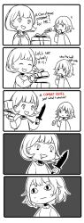Rule 34 | 5koma, :d, androgynous, bad id, bad tumblr id, chara (undertale), combat knife, comic, doughnut, drooling, eating, english text, food, frisk (undertale), gender request, gift, greyscale, highres, knife, llicornia, monochrome, nervous, open mouth, smile, spoilers, spot color, surprised, sweat, sweater, nervous sweating, undertale, utggs, weapon, alternate universe, wide-eyed