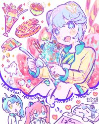Rule 34 | + +, 3girls, :3, artist self-insert, bag of chips, blue eyes, blue hair, bowl, closed eyes, commentary request, cone hair bun, double bun, dreaming, drooling, food, hair bun, heart, highres, holding, holding food, jacket, kiato, kuishinbo akachan, kuishinbo hacker, long hair, long sleeves, mouth drool, multiple girls, neko hacker, open mouth, parfait, pie, pink hair, sera (neko hacker), sho (neko hacker), short hair, sidelocks, sitting, sleeping, smile, sparkling eyes, thought bubble, translation request, twintails, under covers, yellow jacket