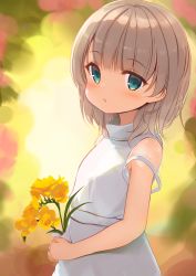 Rule 34 | 1girl, brown hair, commentary request, dress, flower, green eyes, highres, holding, holding flower, long hair, looking at viewer, original, parted lips, see-through, see-through sleeves, short sleeves, solo, tsumiki akeno, upper body, white dress, yellow flower