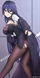 Rule 34 | 1girl, black gloves, blue hair, braid, breasts, brown pantyhose, cleavage, closed mouth, detached sleeves, dress, fingerless gloves, from behind, gloves, hair between eyes, hair ribbon, highres, iron saga, large breasts, leaning forward, long hair, looking back, mole, mole on breast, oboro (iron saga), pantyhose, red eyes, ribbon, side braid, smile, solo, sword, torn clothes, torn pantyhose, turtleneck, very long hair, weapon, xiujia yihuizi