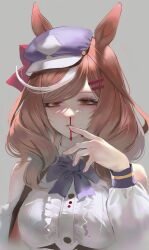 Rule 34 | 1girl, animal ears, bare shoulders, blood, bow, bowtie, breasts, brown hair, center frills, collared shirt, detached sleeves, empty eyes, frills, grey background, hair ornament, hairclip, half-closed eyes, hand up, hat, highres, horse ears, looking at viewer, matikane tannhauser (umamusume), medium hair, multicolored hair, nosebleed, parted lips, purple hat, sarcophage, shirt, simple background, small breasts, solo, streaked hair, umamusume, upper body, white shirt