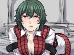 Rule 34 | 1girl, armband, bed, bedroom, blush, breasts, cleavage, collared shirt, green hair, hair between eyes, hanging breasts, highres, kazami yuuka, large breasts, lips, long sleeves, looking at viewer, nicutoka, open clothes, open collar, open mouth, open shirt, open vest, plaid, plaid skirt, plaid vest, pov, red eyes, shirt, short hair, sketch, skirt, skirt set, smile, solo, touhou, untucked shirt, vest, white shirt