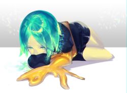 Rule 34 | absurdres, androgynous, black shirt, black shorts, commentary request, gender request, green eyes, green hair, highres, houseki no kuni, lying, melting, mozu 1oo, on side, pale skin, parted bangs, phosphophyllite, puffy short sleeves, puffy sleeves, shirt, short hair, short sleeves, shorts, solo, spoilers