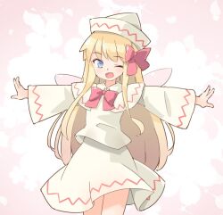 Rule 34 | 1girl, arnest, blonde hair, blue eyes, bow, bowtie, cowboy shot, fairy wings, hair bow, hat, lily white, long sleeves, one eye closed, open mouth, outstretched arms, pink background, red bow, red bowtie, shirt, skirt, smile, solo, spread arms, touhou, white hat, white shirt, white skirt, wings