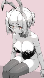 Rule 34 | 1girl, absurdres, animal ears, arm support, bare shoulders, bow, bowtie, breasts, cleavage, collarbone, detached collar, earrings, elbow gloves, fake animal ears, gloves, highres, horns, jewelry, leotard, looking at viewer, oni, original, partially colored, pink background, playboy bunny, pointy ears, ponytail, rabbit ears, red eyes, sake goroke, short hair, sidelocks, sitting, skin-covered horns, solo, tearing up, thighs
