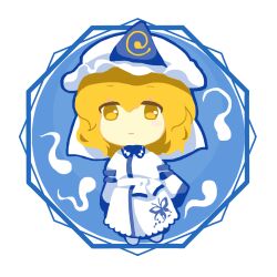 Rule 34 | 1girl, alternate color, blonde hair, blush stickers, chibi, closed mouth, collared dress, commentary request, dress, hat, highres, kaigen 1025, long sleeves, medium hair, mob cap, no nose, saigyouji yuyuko, sash, single blush sticker, sleeves past fingers, sleeves past wrists, smile, touhou, white headwear, white sash, yellow eyes