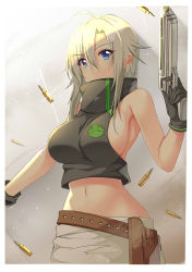 Rule 34 | 1girl, ahoge, armpits, bare arms, bare shoulders, belt, benchen06, black gloves, black shirt, blue eyes, breasts, bullet, covered mouth, crop top, crop top overhang, finger on trigger, gloves, gun, hair between eyes, hand up, handgun, high collar, highres, holding, holding gun, holding weapon, holster, large breasts, long hair, looking at viewer, midriff, navel, original, pistol, shirt, sideboob, sidelocks, silver hair, skirt, sleeveless, sleeveless shirt, solo, stomach, upper body, weapon, white skirt