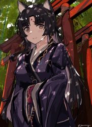 Rule 34 | 1girl, animal ears, arknights, backlighting, beads, black hair, black kimono, commentary, dappled sunlight, dog ears, facial mark, forehead mark, hands in opposite sleeves, jannong, japanese clothes, kimono, light smile, long hair, looking at viewer, outdoors, parted bangs, prayer beads, saga (arknights), signature, smile, solo, sunlight, torii, tree, upper body, yellow eyes