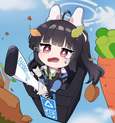 Rule 34 | 1girl, absurdres, ahoge, animal ears, binoculars, black gloves, black hair, blue archive, blue shirt, blue sky, blunt bangs, bright pupils, carrot, chibi, cloud, commentary, crying, crying with eyes open, day, fake animal ears, falling, floating hair, furrowed brow, getting over it, gloves, green neckerchief, gun, halo, highres, holding, holding gun, holding weapon, in trash can, leaf, leaf on head, long hair, long sleeves, looking ahead, microphone, midair, miyu (blue archive), neckerchief, nueong, open mouth, outdoors, parody, rabbit ears, raised eyebrows, recycle bin, red eyes, rifle, rock, sailor collar, school uniform, serafuku, shirt, sky, sniper rifle, solo, tears, weapon, white pupils, white sailor collar