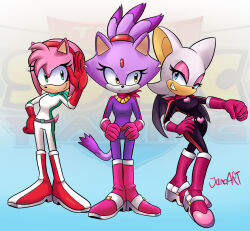Rule 34 | 3girls, amy rose, animal ears, artist name, bat ears, bat girl, bat wings, blaze the cat, blue eyes, cat ears, cat girl, cat tail, forehead jewel, gloves, gold necklace, green eyes, green scarf, grin, hairband, heart, hedgehog girl, highres, jamoart, jewelry, looking at viewer, multiple girls, necklace, pink footwear, pink fur, pink gloves, pink scarf, ponytail, purple fur, red footwear, red gloves, red hairband, rouge the bat, scarf, smile, sonic (series), tail, two-tone jumpsuit, white fur, wings, yellow eyes