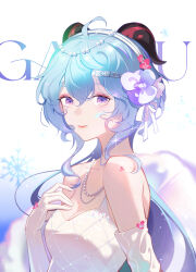 Rule 34 | 1girl, absurdres, ahoge, alternate costume, bare shoulders, blue hair, breasts, change (1044080555), character name, cleavage, dress, elbow gloves, flower, ganyu (genshin impact), genshin impact, gloves, goat horns, hair flower, hair ornament, hairband, hand on own chest, hand up, highres, horns, jewelry, long hair, looking at viewer, medium breasts, necklace, parted lips, pearl necklace, purple eyes, snowflakes, solo, upper body, white dress, white gloves, white hairband