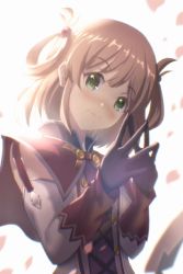 Rule 34 | 1girl, backlighting, blush, brown hair, capelet, closed mouth, commentary, cross-laced clothes, cross-laced top, detached sleeves, fingers together, from below, gloves, green eyes, hair rings, hands up, head tilt, highres, long sleeves, looking at viewer, nose blush, okg, petals, princess connect!, purple gloves, red capelet, rino (princess connect!), sidelocks, sleeve cuffs, solo, standing, upper body, white background