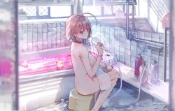Rule 34 | 1girl, ahoge, barefoot, bath, bath stool, bathing, bathroom, bathtub, blue hair, bracelet, breasts, collar, commentary, covering privates, day, earrings, from behind, heart-shaped lock, heart collar, highres, idolmaster, idolmaster cinderella girls, indoors, jewelry, large breasts, looking at viewer, mirror, multicolored hair, naked towel, nude, nude cover, pill earrings, pink collar, pink eyes, pink hair, plant, potted plant, reflection, ring, roki (0214278), rubber duck, shampoo bottle, short hair, shower head, sitting, solo, stool, streaked hair, sunlight, towel, two-tone hair, white towel, yumemi riamu
