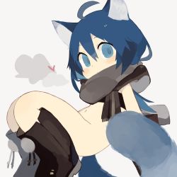 Rule 34 | 1girl, ahoge, animal ears, arm support, bandeau, black bandeau, blue eyes, blue hair, blush, boots, bottomless, brown footwear, brown gloves, brown scarf, cat ears, cat girl, cat tail, closed mouth, commentary request, fringe trim, gloves, grey background, hair between eyes, heart, knee boots, looking at viewer, looking to the side, naked scarf, navel, original, pappii (paprika shikiso), paprika shikiso, scarf, solo, tail