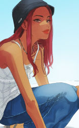 Rule 34 | 1girl, 2gou, absurdres, apex legends, arm tattoo, bad id, bad tumblr id, black footwear, black hat, breasts, bucket hat, camisole, denim, hat, highres, jeans, lifeline (apex legends), looking at viewer, medium hair, pants, red hair, sandals, small breasts, smile, solo, squatting, tattoo, thick lips, white camisole