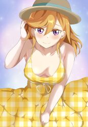 Rule 34 | 1girl, absurdres, adjusting hair, blush, breasts, checkered clothes, cleavage, closed mouth, downblouse, dress, eine (ein-faust), hat, highres, large breasts, leaning forward, long hair, looking at viewer, love live!, love live! superstar!!, orange hair, purple eyes, shibuya kanon, smile, solo