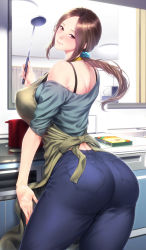 Rule 34 | 1girl, apron, ass, bare shoulders, blue pants, blush, breasts, brown hair, denim, grey shirt, huge ass, jeans, kitchen, large breasts, long hair, long sleeves, looking at viewer, looking back, mature female, mole, mole under eye, off shoulder, original, pants, parted bangs, ponytail, shirt, smile, solo, zucchini