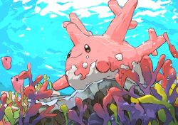 air_bubble aomon_(yuuji7604) bubble colored_skin corsola creatures_(company) from_below game_freak gen_2_pokemon gen_3_pokemon highres luvdisc nintendo no_humans pink_skin pokemon pokemon_focus seaweed sunlight swimming underwater water