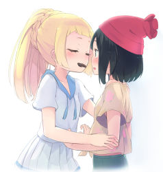 Rule 34 | 2girls, beanie, black hair, blonde hair, blush, candy, chocolate, chocolate heart, closed eyes, creatures (company), food, food in mouth, from side, game freak, hat, heart, homura subaru, lillie (pokemon), long hair, mouth hold, multiple girls, nintendo, open mouth, pokemon, pokemon sm, ponytail, red hat, selene (pokemon), shirt, short hair, short sleeves, simple background, skirt, valentine, white background, white shirt, white skirt, yuri