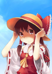 Rule 34 | 1girl, alternate hair length, alternate hairstyle, alternate headwear, ascot, blouse, blue sky, blush, bow, breasts, brown eyes, brown hair, cloud, collarbone, collared shirt, day, detached sleeves, frilled bow, frills, gradient background, hair tubes, hakurei reimu, hands on headwear, hat, hat bow, highres, long hair, looking at viewer, red shirt, ribbon-trimmed sleeves, ribbon trim, shaded face, shirt, sky, sleeveless, sleeveless shirt, small breasts, solo, sun hat, tadano omake, touhou, upper body, yellow ascot