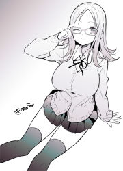 Rule 34 | 1girl, ;), adjusting eyewear, arm support, atago kinue, breasts, cardigan, closed mouth, collared shirt, commentary request, dress shirt, feet out of frame, forehead, glasses, gradient background, grey background, greyscale, hand up, highres, itsumi (itumiyuo), long hair, long sleeves, looking at viewer, medium breasts, monochrome, neck ribbon, one eye closed, parted bangs, pleated skirt, ribbon, saki, saki (manga), saki achiga-hen, school uniform, shirt, skirt, sleeves past wrists, smile, solo, thighhighs, white background