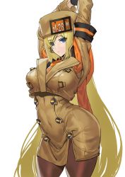Rule 34 | 1girl, arm scarf, arms up, ashiomi masato, black gloves, blonde hair, blue eyes, breasts, brown coat, brown hat, buttons, coat, fur hat, gloves, guilty gear, guilty gear strive, hair between eyes, hat, large breasts, leggings, long hair, looking at viewer, millia rage, simple background, solo, standing, thighhighs, ushanka, very long hair, white background, wide hips