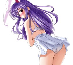 Rule 34 | 1girl, animal ears, ass, bad id, bad pixiv id, blush, bra, caidychen, cowboy shot, female focus, highres, lingerie, long hair, looking back, panties, purple hair, pussy juice, rabbit ears, red eyes, reisen udongein inaba, skirt, solo, touhou, underwear, undressing