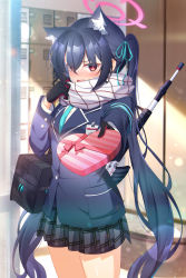 Rule 34 | 1girl, animal ear fluff, animal ears, assault rifle, bag, beretta ar70/90, black gloves, black jacket, blue archive, blue ribbon, blurry, blurry background, blush, box, cat ears, depth of field, eyes visible through hair, getabako, gift, gift box, gloves, grey skirt, gun, hair between eyes, hair ribbon, halo, hand up, heart-shaped box, highres, holding, holding gift, jacket, long hair, looking at viewer, nose blush, open mouth, plaid, plaid skirt, pleated skirt, red eyes, ribbon, rifle, sasatabekung, scarf, school bag, school uniform, serika (blue archive), sig sauer 556, skirt, solo, twintails, very long hair, wavy mouth, weapon, white scarf
