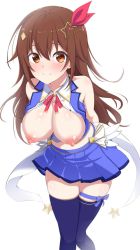 Rule 34 | 1girl, alternate breast size, blue vest, blush, bow, breasts, breasts out, brown eyes, brown hair, cleavage, collared shirt, cropped shirt, cropped vest, diamond hair ornament, hair flaps, hair ornament, hair ribbon, hairclip, hololive, large breasts, long hair, looking at viewer, midriff, miniskirt, mp150 plus, navel, neck ribbon, nipples, open clothes, pleated skirt, red ribbon, ribbon, shirt, skirt, sleeveless, sleeveless shirt, smile, solo, star (symbol), star hair ornament, thighhighs, tokino sora, tokino sora (1st costume), vest, virtual youtuber, white shirt, zettai ryouiki