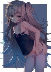 Rule 34 | 1girl, arched back, backlighting, bare arms, bare shoulders, black camisole, blush, bow, brown eyes, brown hair, camisole, closed mouth, clothes pull, commentary request, female focus, frilled camisole, frills, girls&#039; frontline, groin, hair between eyes, highres, leaning forward, long hair, looking at viewer, no panties, one side up, pantyhose, pantyhose pull, rangen, red bow, scar, scar across eye, scar on face, solo, ump45 (girls&#039; frontline), very long hair, white pantyhose