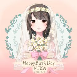 Rule 34 | 1girl, alternate costume, alternate headwear, artist name, bouquet, bow, bridal veil, brown eyes, brown hair, character name, closed mouth, commentary, dated, dress, english text, flower, girls und panzer, happy birthday, head wreath, highres, holding, holding bouquet, itsumip, long hair, looking at viewer, mika (girls und panzer), pink bow, signature, smile, solo, strapless, strapless dress, swept bangs, veil, white dress, white headwear