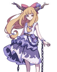 Rule 34 | 1girl, absurdres, blouse, bow, chain, closed mouth, commentary request, expressionless, eyebrows hidden by hair, feet out of frame, hair bow, hair ribbon, highres, horn ornament, horn ribbon, horns, ibuki suika, kame (kamepan44231), long hair, one-hour drawing challenge, oni horns, orange eyes, orange hair, purple ribbon, red bow, ribbon, shirt, simple background, sleeveless, sleeveless shirt, solo, standing, touhou, very long hair, white background, white ribbon, white shirt, wrist cuffs