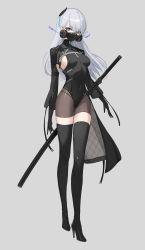 Rule 34 | 1girl, absurdres, black gloves, black leotard, black thighhighs, bodysuit, boots, breasts, covered mouth, gas mask, gloves, grey eyes, hair ornament, high heels, highres, leotard, long legs, long sleeves, long sword, looking at viewer, mask, navel, original, rikui (rella2930), skin tight, skindentation, small breasts, solo, sword, thigh boots, thighhighs, thighs, weapon, white hair
