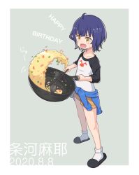 Rule 34 | 1girl, ahoge, black footwear, blue hair, blue shirt, blunt bangs, blush stickers, border, character name, check commentary, clothes around waist, collarbone, commentary request, cooking, dated, flat chest, flipping food, food, fried rice, frying pan, full body, gochuumon wa usagi desu ka?, grey background, happy birthday, highres, holding, holding frying pan, holding ladle, jouga maya, ladle, long sleeves, looking at viewer, mohei, motion lines, open mouth, rice, shirt, shirt around waist, short hair, short shorts, shorts, shrimp, simple background, slippers, socks, solo, standing, sweatdrop, two-tone shirt, white border, white socks, wok, yellow eyes, yellow shorts