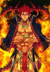 Rule 34 | 1boy, abs, bad id, bad pixiv id, bara, black jacket, bracer, chest tattoo, collarbone, crossed arms, dark skin, dark-skinned male, facial mark, fire, forehead mark, groin, highres, horns, ifrit (housamo), izukonohito, jacket, jacket on shoulders, looking at viewer, male focus, muscular, navel, orange eyes, pointy ears, red hair, solo, spiked hair, standing, tail, tattoo, tokyo houkago summoners