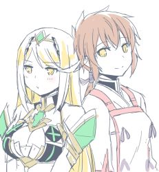 Rule 34 | 2girls, armor, blonde hair, blush, breasts, cleavage, earrings, headpiece, jewelry, long hair, lora (xenoblade), mizuki riko, multiple girls, mythra (xenoblade), nintendo, parted lips, pauldrons, red hair, rikori x, short hair, shoulder armor, simple background, smile, swept bangs, tiara, xenoblade chronicles (series), xenoblade chronicles 2, xenoblade chronicles 2: torna - the golden country, yellow eyes