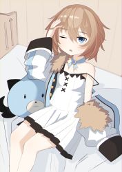 Rule 34 | 1girl, absurdres, bare shoulders, bed, blanc, blanc (neptunia), blue eyes, blue ribbon, breasts, brown hair, coat, dogoo, dress, highres, looking at viewer, neck ribbon, neptune (seires), neptune (series), on bed, one eye closed, open mouth, ribbon, shibatenn, short hair, sitting, skirt, sleepy, small breasts, strap slip, thighs, waking up, white dress