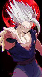 Rule 34 | 1boy, absurdres, artist name, bb m0024, black background, black wristband, closed mouth, collarbone, commentary request, dougi, dragon ball, dragon ball super, dragon ball super super hero, full moon, gohan beast, grey hair, hand up, highres, looking at viewer, male focus, moon, muscular, muscular male, pectorals, purple sash, red eyes, red moon, sash, serious, short hair, solo, son gohan, spiked hair, torn clothes, twitter username, v-shaped eyebrows, wristband