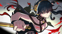 Rule 34 | 1girl, bare shoulders, black hair, blood, breasts, cleavage, closed mouth, dual wielding, earrings, female focus, flower, glaring, hair flower, hair ornament, hair over one eye, hairband, half-closed eye, hata4564, highres, holding, holding weapon, jewelry, large breasts, looking at viewer, sidelocks, solo, spy x family, thighhighs, upper body, weapon, yor briar