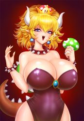 Rule 34 | 1girl, akiranime, bare shoulders, blonde hair, blue eyes, bowsette, bracelet, breasts, choker, cleavage, collar, crown, curly hair, curvy, dress, earrings, horns, huge breasts, jewelry, lips, lipstick, looking at viewer, makeup, mario (series), midriff, navel, new super mario bros. u deluxe, nintendo, original, pointy ears, ponytail, sharp teeth, shell, sleeveless, sleeveless dress, smile, solo, stomach, studded bracelet, studded collar, super crown, tail, teeth
