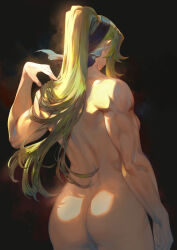 Rule 34 | 1girl, ass, back, back muscles, biceps, blonde hair, breasts, completely nude, hairband, highres, large breasts, long hair, mashuu (neko no oyashiro), muscular, muscular female, nude, original, ponytail, sidelocks, solo, toned